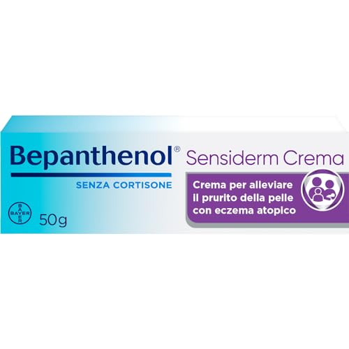Bepanthenol Sensiderm Crema Idratante Corpo Viso e Mani, Crema Dermatite Atopica, Eczema e Prurito della Pelle, Crema Viso Pelle Secca e Sensibile, Lenitiva per Adulti e Bambini, Senza Cortisone, 50g