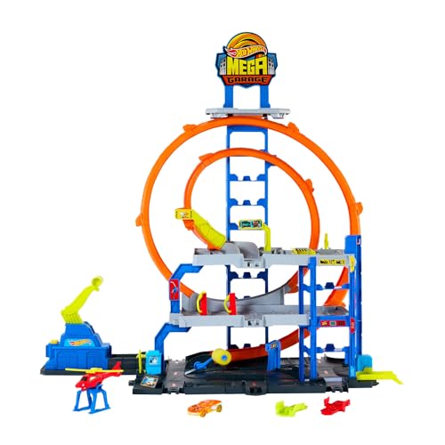 Hot Wheels Conjunto de Pista con helicóptero y Coche metálico, Tres Niveles de Juego, Dos loopings, Almacenamiento para 37 Coches a Escala 1:64 y adaptadores Speed Snap, JLC05