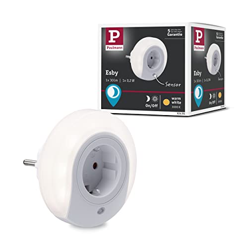 Paulmann 92494 Luz LED nocturna Esby redonda de 0,2 vatios con sensor crepuscular, plástico blanco, 3000 K, blanco cálido