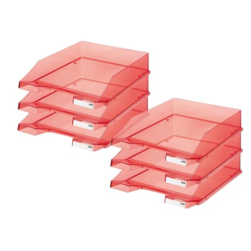 HAN Briefablage KLASSIK TRANSPARENT, 6 STÜCK, moderne, transparente und stapelbare Ablage im frischen Design bis Format A4/C4, 1026-X-29, transparent-rot