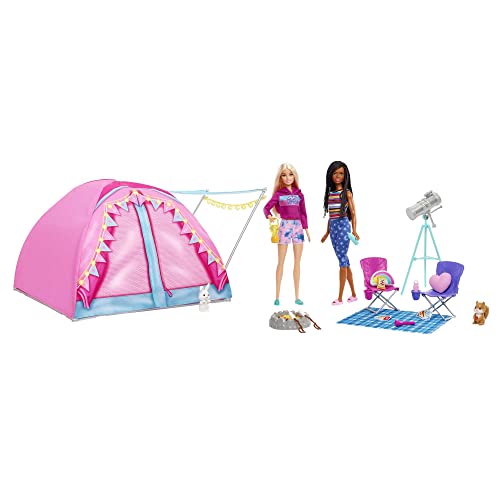 Barbie Cosa de Dos Malibu y Brooklyn con Carpa de Camping Dos muñecas con Tienda de campaña y 20 Accesorios, Juguete de Regalo +3 años (Mattel HGC18)