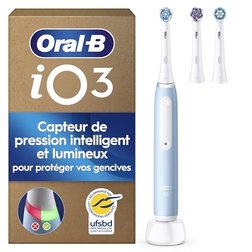 Oral-B Brosse à Dents Electrique iO 3 avec 3 Brossettes de Rechange, Bleue – 3 Modes de Brossage Silencieux dont Douceur et Blancheur, Capteur de Pression sur les Gencives, Batterie Rechargeable