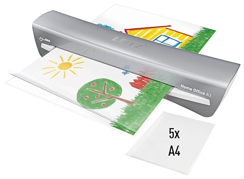 Leitz iLAM A3 Laminiergerät, sehr kurze Aufwärmzeit von 2 Min, 75-125 mic, Smart LED Status, Anti-Stau, Auto-Abschaltung, inkl.5x A4 Laminierfolien, Für Home Office und Büro, Silber und Weiß, 74400089