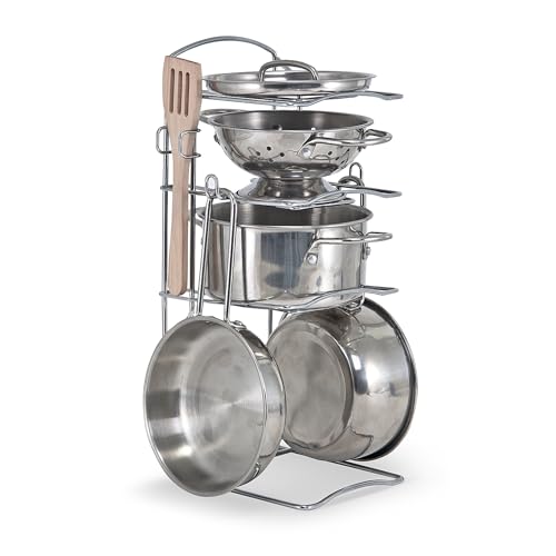 Melissa & Doug - Casseroles + Poêles 8 Pièces - Accessoires De Cuisine - Jeu Imitation - Jouet en INOX - Jouet D'Activité, De Développement Et d'apprentissage - Cadeau Enfant 3 Ans Et +