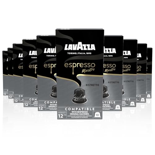 Lavazza, Espresso Maestro Ristretto, 100 Capsules Café Compatibles avec les Machines Nespresso Original, Notes de Chocolat et Caramel, Arabica et Robusta, Intensité 12/13, Torréfaction Foncé