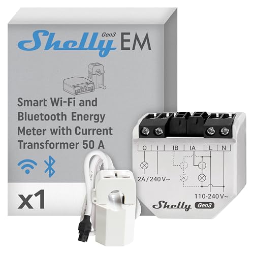 Shelly EM Gen3 + Pince 50A - Compteur d’énergie Wi-Fi connecté avec Pince ampèremétrique, Monophasé à deux canaux, Interrupteur intégré, Horaires & Stockage de données, Commande à distance par app