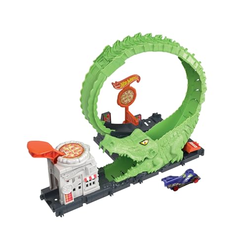 Hot Wheels Spielset Krokodilangriff - Rennbahn, Looping, Spirale, Verstellbarer Schwanz, Pizzeria-Design, für Kinder ab 4 Jahren, HKX39