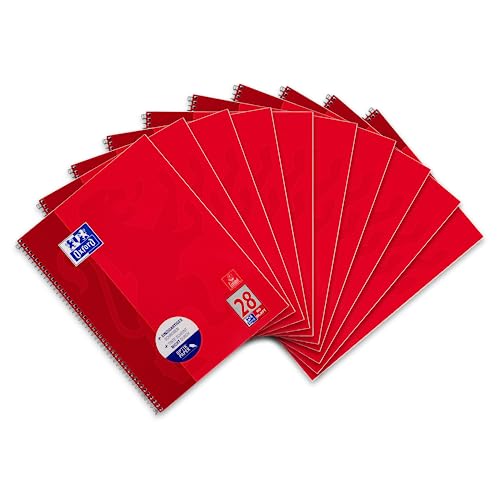 Oxford - Quaderno a quadretti, formato A4, con bordo doppio, 80 fogli Rigatura 28 - a quadretti con bordo sx e dx 10 pezzi Colore: rosso