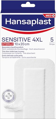Hansaplast SENSITIVE 4XL, Cerotti medicazione per la protezione di ferite medio-grandi, Cerotti sterili senza lattice, Kit pronto soccorso per pelli sensibili, 1 Confezione da 5 Pezzi 10 x 20 cm