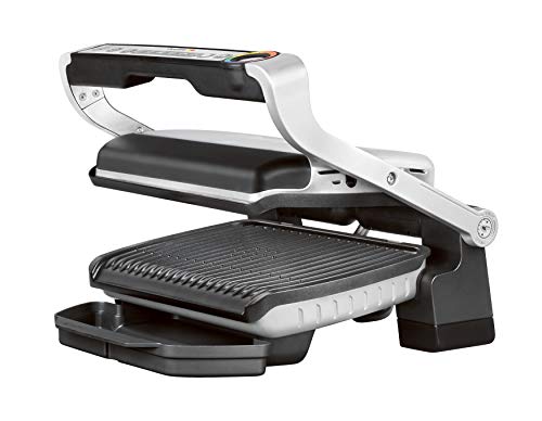 Tefal Optigrill,Parrilla de contacto inteligente, 6 programas automáticos, ajusta la temperatura y el ciclo de la parrilla, placas antiadherentes, 30 cm x 20 cm, acero inoxidable/negro GC705D