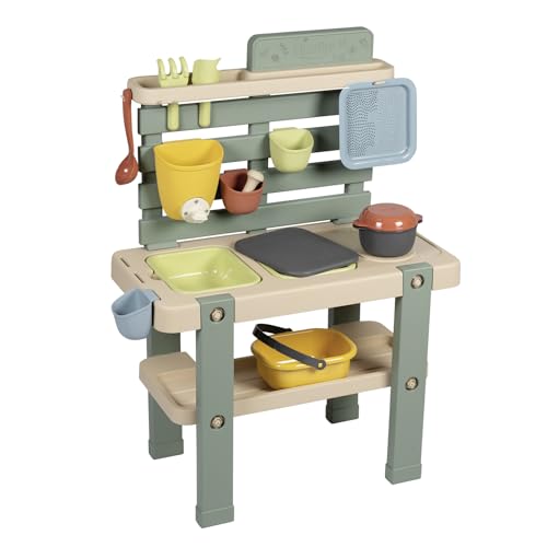 Smoby Life Cocina de Barro – Juguete de Exterior Infantil con 11 Accesorios – Depósito de Agua 1L y 2 Grandes Bandejas Extraíbles – Plástico Reciclado con Tratamiento Anti-UV +3 Años (7600840208)