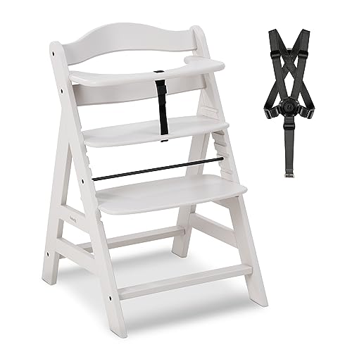 hauck Alpha+, Creme - Mitwachsender Holzhochstuhl aus Buche für Kinder ab 6 Monaten bis 90 kg - Inklusive 5 Punkt Gurt, Schrittgurt, Schutzbügel - Kompatibel mit viel Zubehör