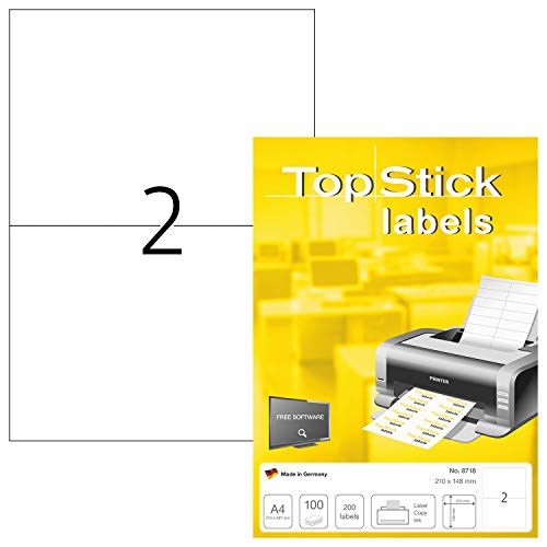 TopStick 8718 Universal Etiketten, 1000 Blatt, 210 x 148 mm, 2 pro A4 Bogen, 2000 Stück, selbstklebend, bedruckbar, matt, blanko Papier Klebeetiketten Aufkleber, weiß