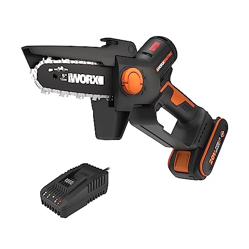 WORX Élagueuse Mini Tronçonneuse sans Fil 20V WG325E, Brushless, Guide 12 cm, coupe 10 cm, pour élagage, taille, ébranchage, tronçonnage, capot de protection,livrée avec 1 batterie 2Ah