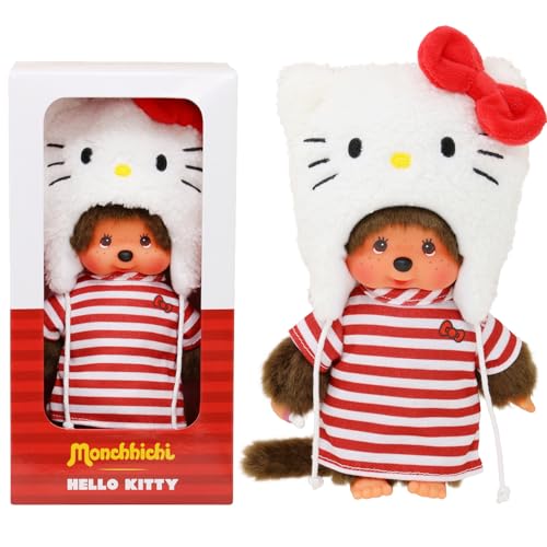 BANDAI - Monchhichi - Peluche Monchhichi Hello Kitty - Peluche scimmietta iconica degli anni 80 - Peluche scimmia 20cm Bambini, Berretto Hello Kitty - Giocattolo per bambini dai 2 anni in su SE252848