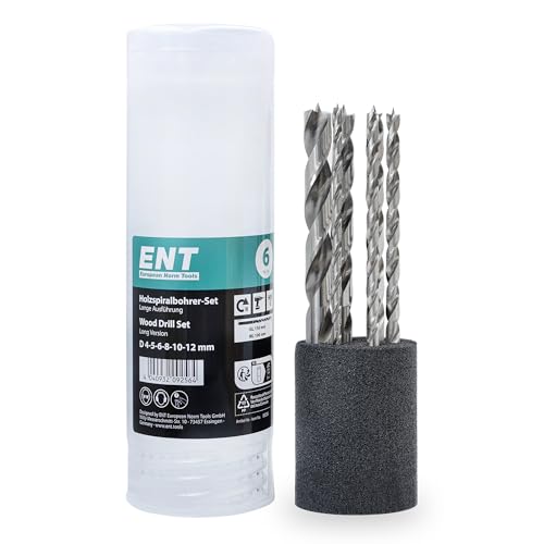 ENT 09256 Juego de 6 brocas para madera Ø 4, 5, 6, 8, 10 y 12 mm, longitud 150 mm, longitud útil 100 mm, brocas helicoidales afiladas en HSS, adecuadas para taladros inalámbricos
