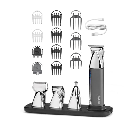 BaByliss Recortadora Multifunción Super-X Metal 15 en 1 – Kit Cuidado Masculino inalámbrico, Afeitadora, Barbero, Detalle nariz y orejas, Resistente al agua, Regalo para hombres, Plateado/Gris, MT996E