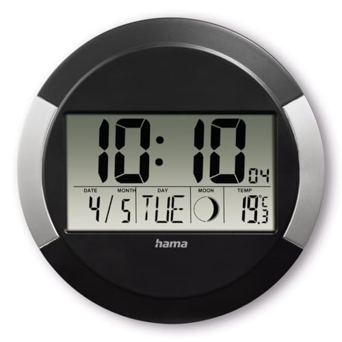 Hama Orologio da parete digitale con radio (orologio radio senza ticchettio, orologio digitale con display LCD, termometro, calendario, fase lunare, batteria inclusa per appendere o posizionare), nero