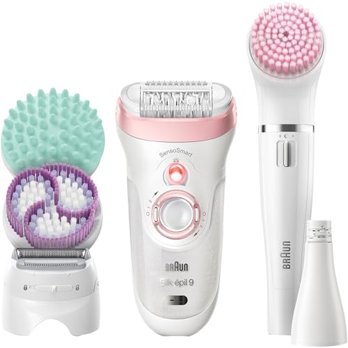 Braun Silk-épil 9 Kit Depiladora Eléctrica Mujer, 9-995 Deluxe 9 en 1, Depilación inalámbrica en seco y húmedo, Depiladora, afeitadora, exfoliante, kit de limpieza facial y corporal, blanco/rosa