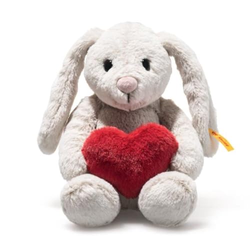 Steiff Hoppie Hase mit Herz 16cm hellgrau, Plüschtier Hase mit Schlappohren, Soft Cuddly Friends, flauschiges Stofftier zum Kuscheln und Spielen, Kuscheltier für Mädchen und Jungen, waschmaschinenfest