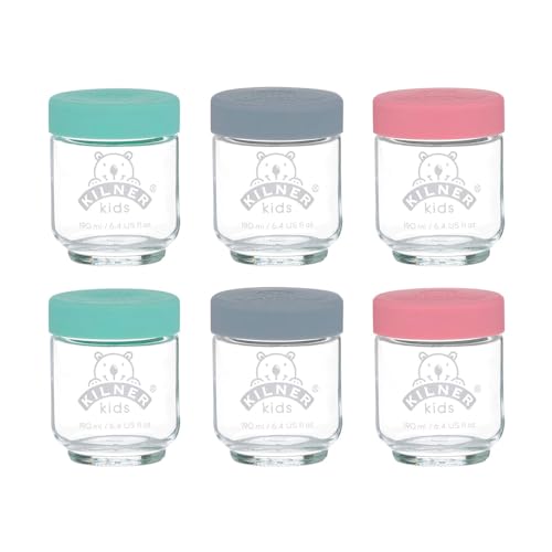 Kilner Babygläser Set 6tlg.190 ml, 6 Babybrei Behälter zum Aufbewahren, Einfrieren und Servieren von hausgemachter Babynahrung, frei von Schadstoffen und Weichmachern, Silikondeckel in 3 Farben