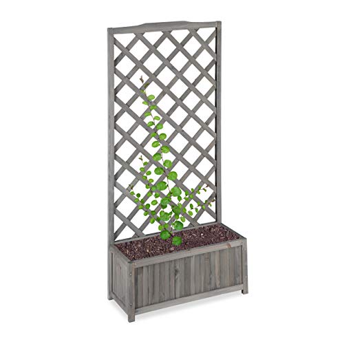 Relaxdays Rankkasten mit Rankgitter, wetterfest, Holz, f. Balkon, Garten, Rosen, Wein, 35 L Kübel, 150cm Rankhilfe, grau, Xl