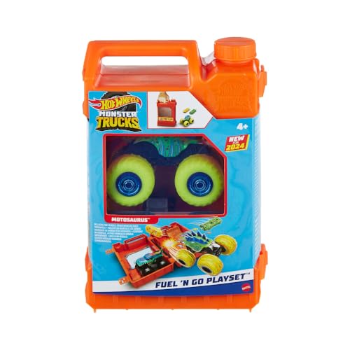 Hot Wheels Monster Trucks Reposta y arranca Pista para coches de juguete con forma de bidón de gasolina, incluye 2 vehículos, + 4 años (HXT04)