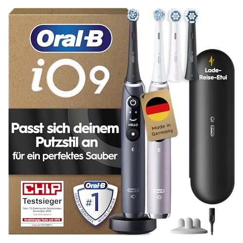 Oral-B iO Series 9 Elektrische Zahnbürste, Doppelpack — Electric Toothbrush, Inkl. 4 Aufsteckbürsten — 7 Modi für Zahnpflege, CHIP Testsieger (11/25), Designed by Braun, Schwarz und Rosa