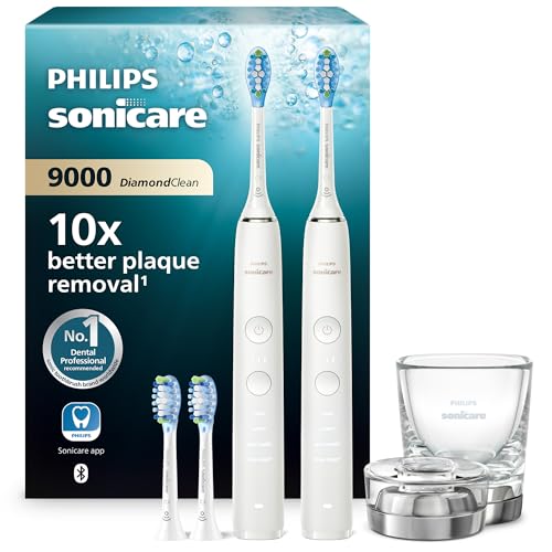 Philips Sonicare DiamondClean 9000 - Brosse à dents électrique avec application, capteur de pression, verre de recharge, blanc, lot de deux, modèle HX9914/62