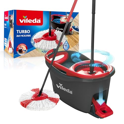 Vileda Turbo Sistema lavapavimenti rotante con secchio e pedale |Manico telescopico 55–130 cm |Lavapavimenti con strizzatura a centrifuga| Fiocco Microfibra 2in1| Lavapavimenti rotante e secchio