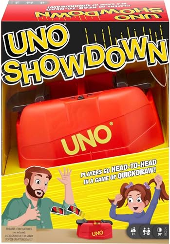 UNO Showdown - Beliebtes Kartenspiel mit Überraschungsangriffen aus dem Showdown Gerät, schnelle Reaktionen gefragt, für unvergessliche Familien- und Spieleabende, Kinder ab 7 Jahren, GKC04