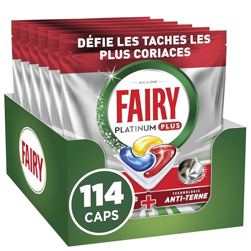 Fairy Platinum Plus Tablettes Lave-vaisselle Tout-en-1, 114 Tablettes (19x6), Parfum Citron, Technologie Anti-Terne, Prévient le Calcaire, Système Pré-Lavage Intégré, Efficace en Cycle Court