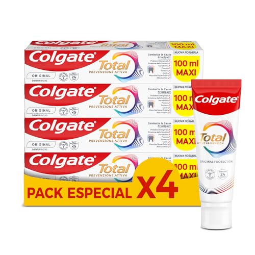 Colgate Total Prevención Activa - Pasta de Dientes Pack 4 x 100ml - Ayuda con Problemas de Encías, Placa, Sarro, Sensibilidad, Erosión del Esmalte, Manchas Superficiales, Mal Aliento y Caries