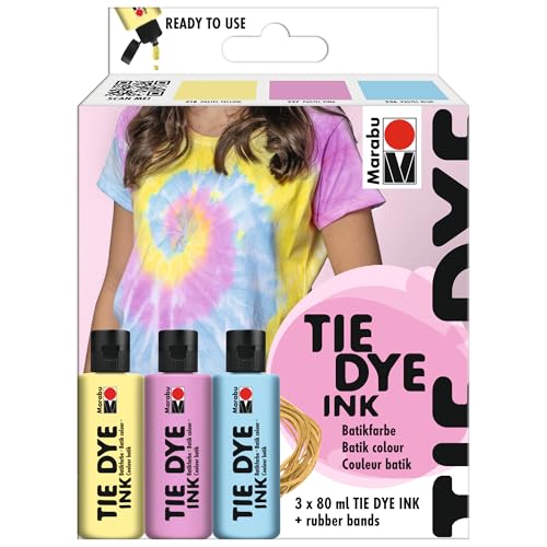 Marabu TIE DYE INK set di tintura batik pastello, 3 x 80 ml di tintura a base d'acqua, inclusi gli elastici, per tessuti chiari con un contenuto di fibre sintetiche fino al 20%, 1730000000201