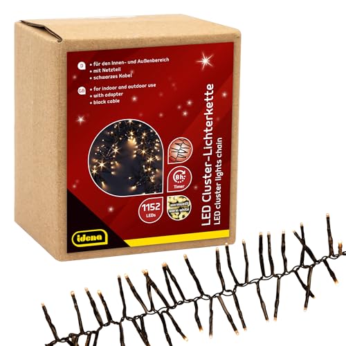 Idena 31898 - Cadena de luces LED con 1152 LED en blanco cálido, aprox. 28 m de largo, para exterior e interior, con función de temporizador de 8 horas y transformador, como decoración para fiestas