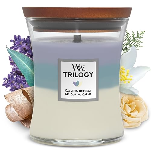 WoodWick Trilogy vela perfumada mediana en forma de reloj de arena con Pluswick Innovation, Retiro de paz