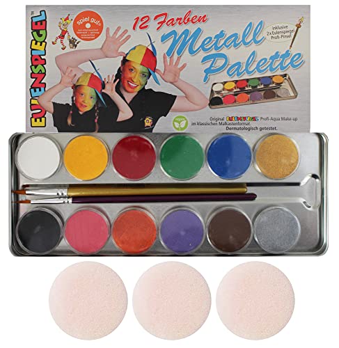 Eulenspiegel 212004 - Maquillaje profesional aqua, 12 colores, 2 pinceles profesionales, paleta metálica