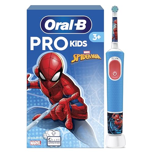 Oral-B Pro Kids Spiderman Elektrische Zahnbürste/Electric Toothbrush für Kinder ab 3 Jahren, inklusive Sensitiv+ Modus für Zahnpflege, extra weiche Borsten, 1 Aufsteckbürste, 4 Sticker, blau/rot