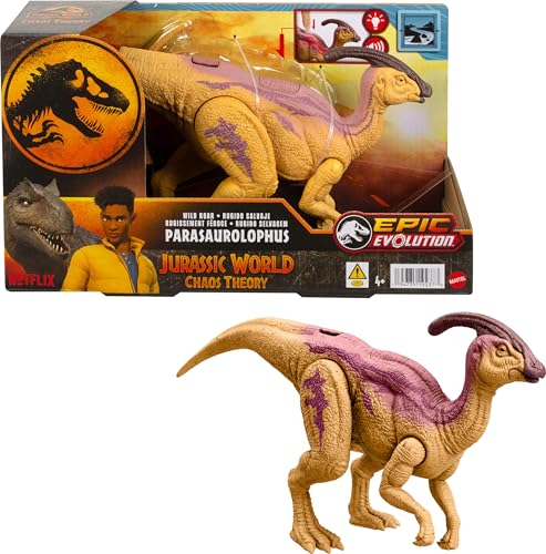 Mattel Jurassic World: Teoría del Dinocaos Netflix - Parasaurolophus Rugido Salvaje, Figura de acción de dinosaurio de juguete que emite sonidos, serie Epic Evolution, +4 años, HTK75