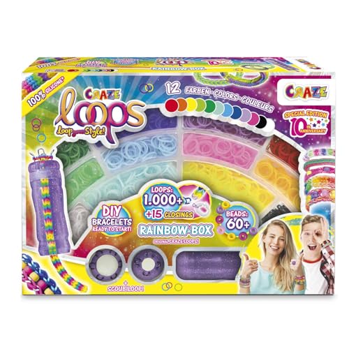 CRAZE loops Rainbow Box - Set de 1000 gomas elásticas para hacer tus propios collares, anillos y pulseras