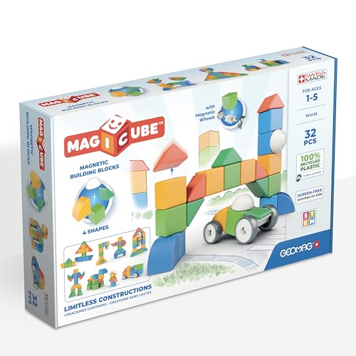 Geomag Magicube Shapes, Bloques de Construcción Magnéticos para Niños a Partir de 1 Año – Juego de 32 Cubos de 4 Colores y Formas Hechos de Plástico 100% Reciclado