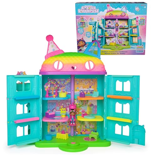 DREAMWORKS GABBY'S DOLLHOUSE - 15-teiliges Purrfect Party Puppenhaus Spielset im Regenbogen-Look, über 60cm mit Gabby-Figur, Möbeln und Geräuscheffekten, ab 3 Jahren