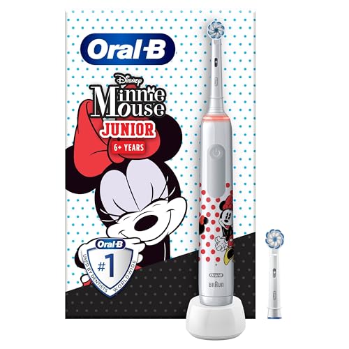 Oral-B Junior Minnie Mouse Elektrische Zahnbürste/Electric Toothbrush, Kinder ab 6 Jahren, 2 Aufsteckbürsten, 360°-Andruckkontrolle, 2 Putzmodi inkl. Sensitiv Zahnpflege, weiche Borsten, Timer, weiß