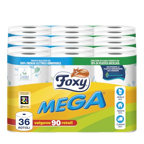 Foxy Mega | Carta igienica 36 rotoli| 480 strappi| Decorata |100% Energia elettrica rinnovabile| Confezione prodotta con plastica riciclata