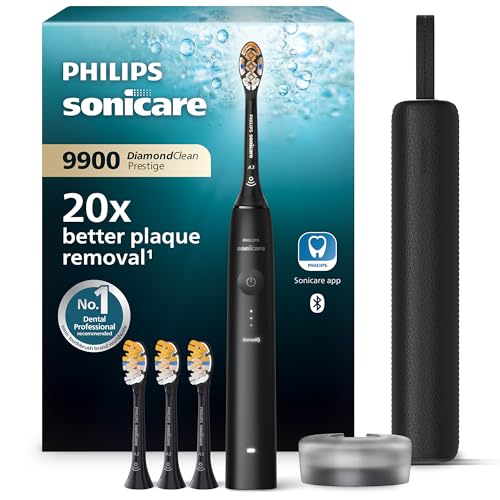 Philips Sonicare - Brosse à dents électrique DiamondClean 9900 Prestige avec technologie SenseIQ et application, 5 modes de brossage, étui de voyage avec chargeur, noir, modèle HX9992/43