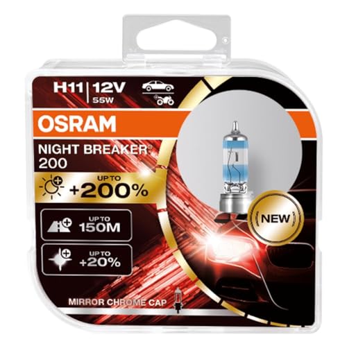 OSRAM NIGHT Breaker 200, H11, Plus 200 pourcent de lumière supplémentaire, lampe de phare halogène, 64211NB200-HCB, 12V, Boîtier duo (2 lampes), Blanc, Duo Box