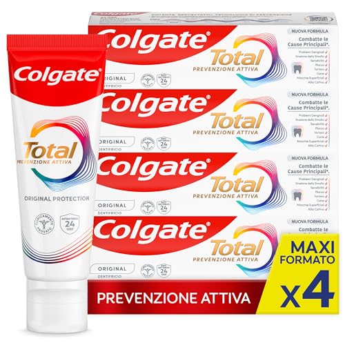 Colgate Dentifricio con Ingredienti Antibatterici Total Original 4 Confezioni da 100 ml I 24h di Protezione di Denti, Lingua, Guance e Gengive I Rimuove la placca I Rafforza e Ripara lo smalto**