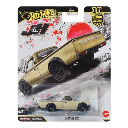 Hot Wheels Datsun 620 Autokultur-Fahrzeug, hochwertiges Spielzeugauto im Maßstab 1:64 aus Druckguss mit Real Riders-Reifen und Metall-/Metallkarosserie und -Fahrgestell, JKF12