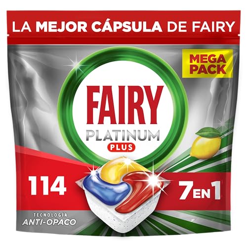 Fairy Platinum Plus Limón Cápsulas De Lavavajillas Todo En Uno, 114 Cápsulas, Nuestra Mejor Limpieza Que Deja Los Platos Como Nuevos, Elimina La Falta De Brillo Y Evita La Cal