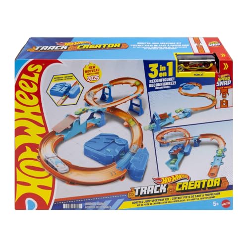 Hot Wheels - Boosted Jump Speedway, set pista con box deluxe da costruire e booster motorizzato, macchinina in scala 1:64 inclusa, giocattolo per bambini, 5+ anni, JDB49